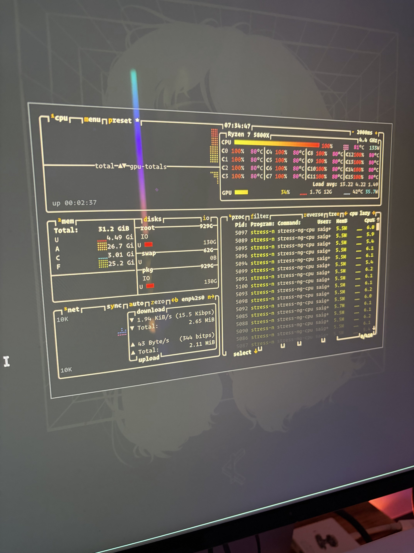 Screenshot of btop output during stress test